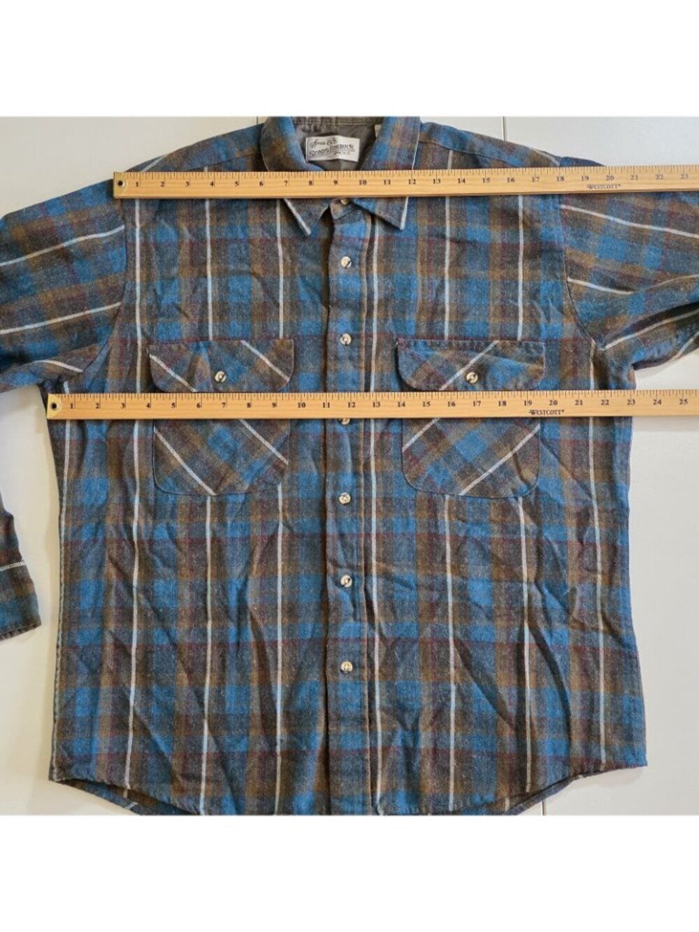 Vtg Sears Roebuck Flannel Shirt Men L Blue Plaid Wool Blend Single Needle Rugged - Picture 4 of 13